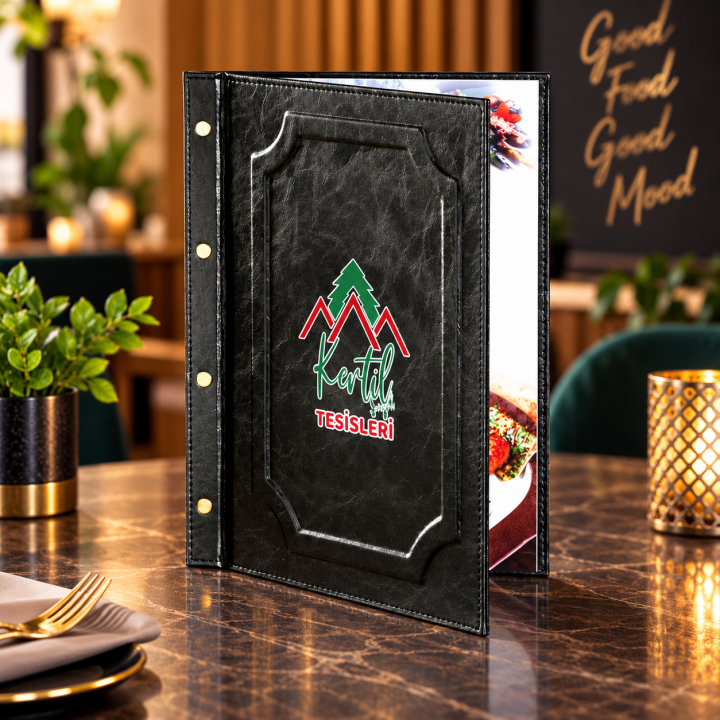 Çerçeveli Vidalı Logo Baskılı Deri Restoran Menü Kabı